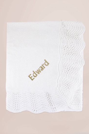 Babyblooms Personalised White and Gold Luxury Knitted Blanket Baby Gift