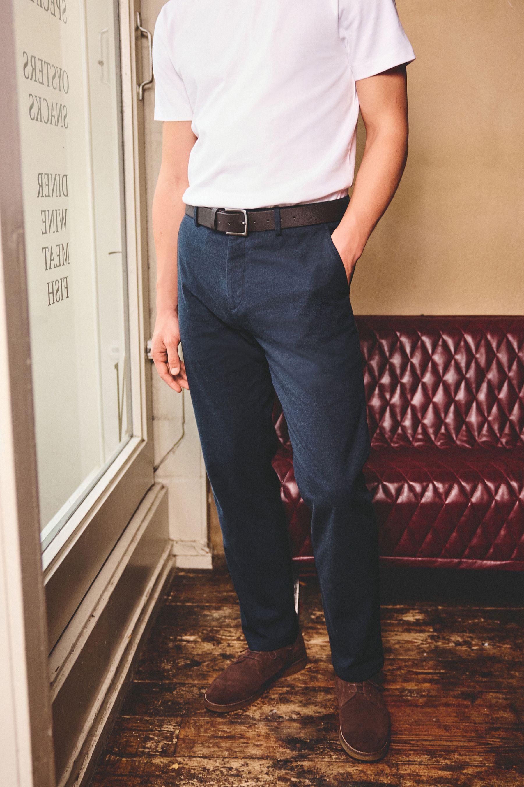 Navy Textured Slim Brushed Belted Chinos Trousers