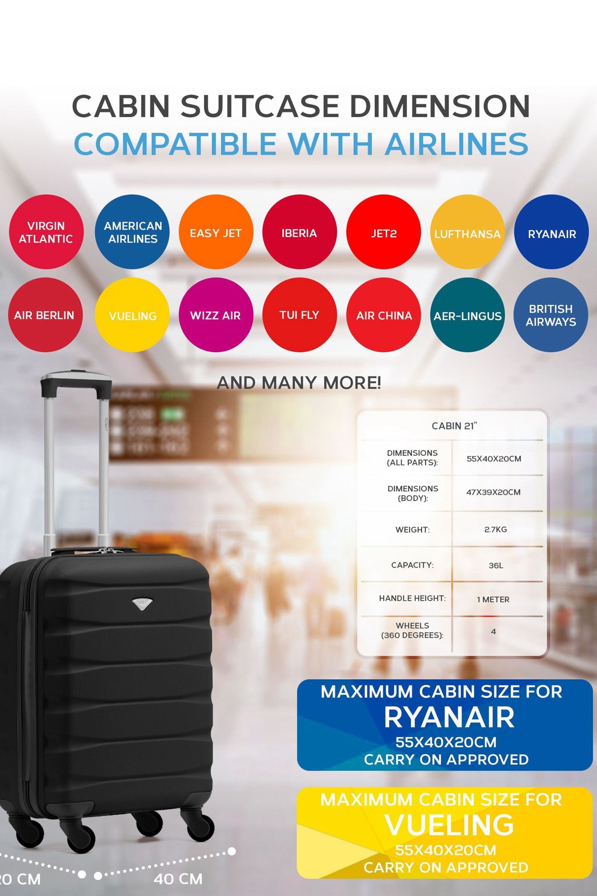Flight Knight 55x40x20cm Ryanair Priority 4 Wheel ABS Hard Case Cabin Carry On Hand Black Luggage - Image 3 of 7