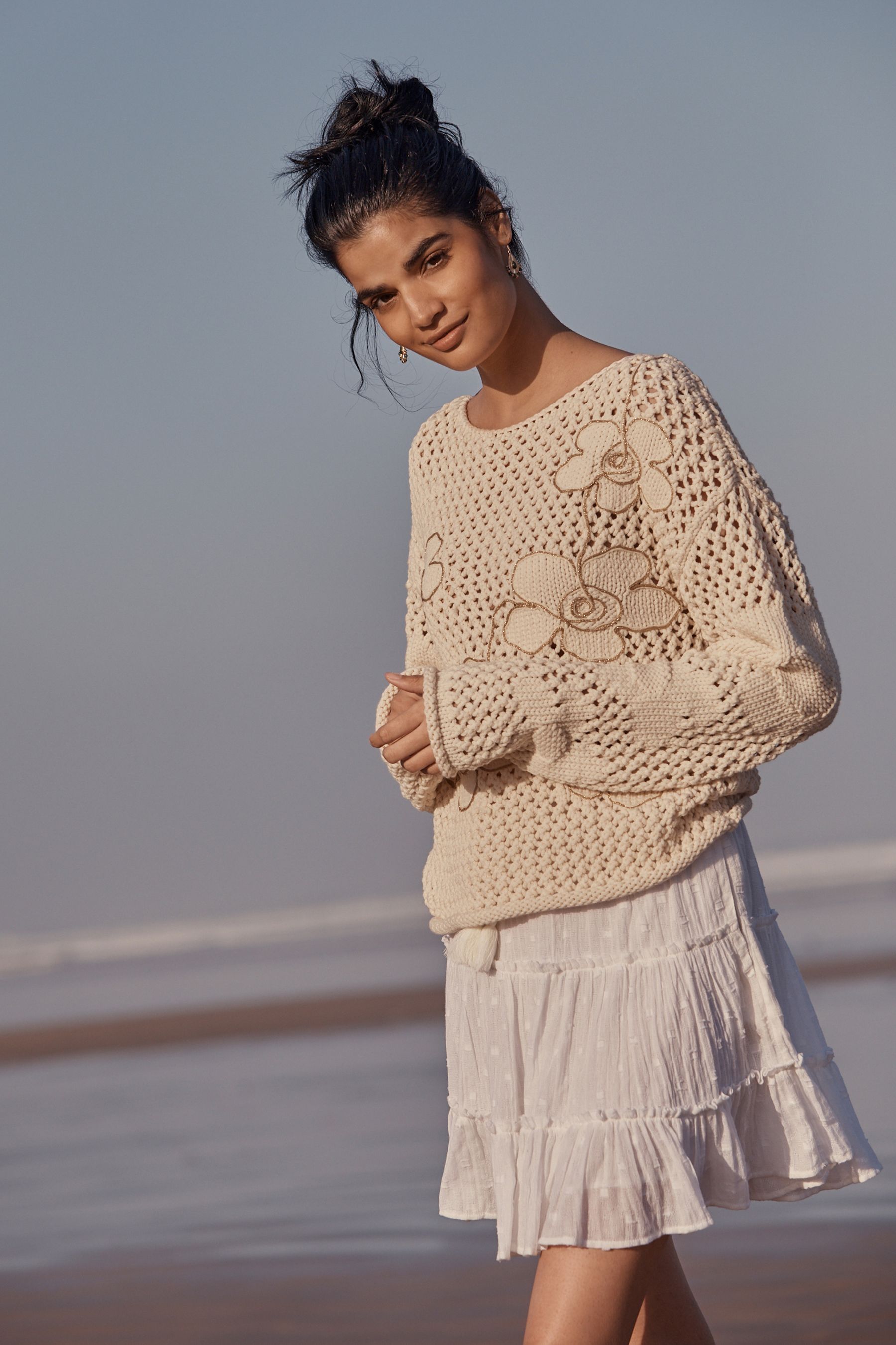 Buy Cream Flower Pattern Crochet Jumper from Next Luxembourg