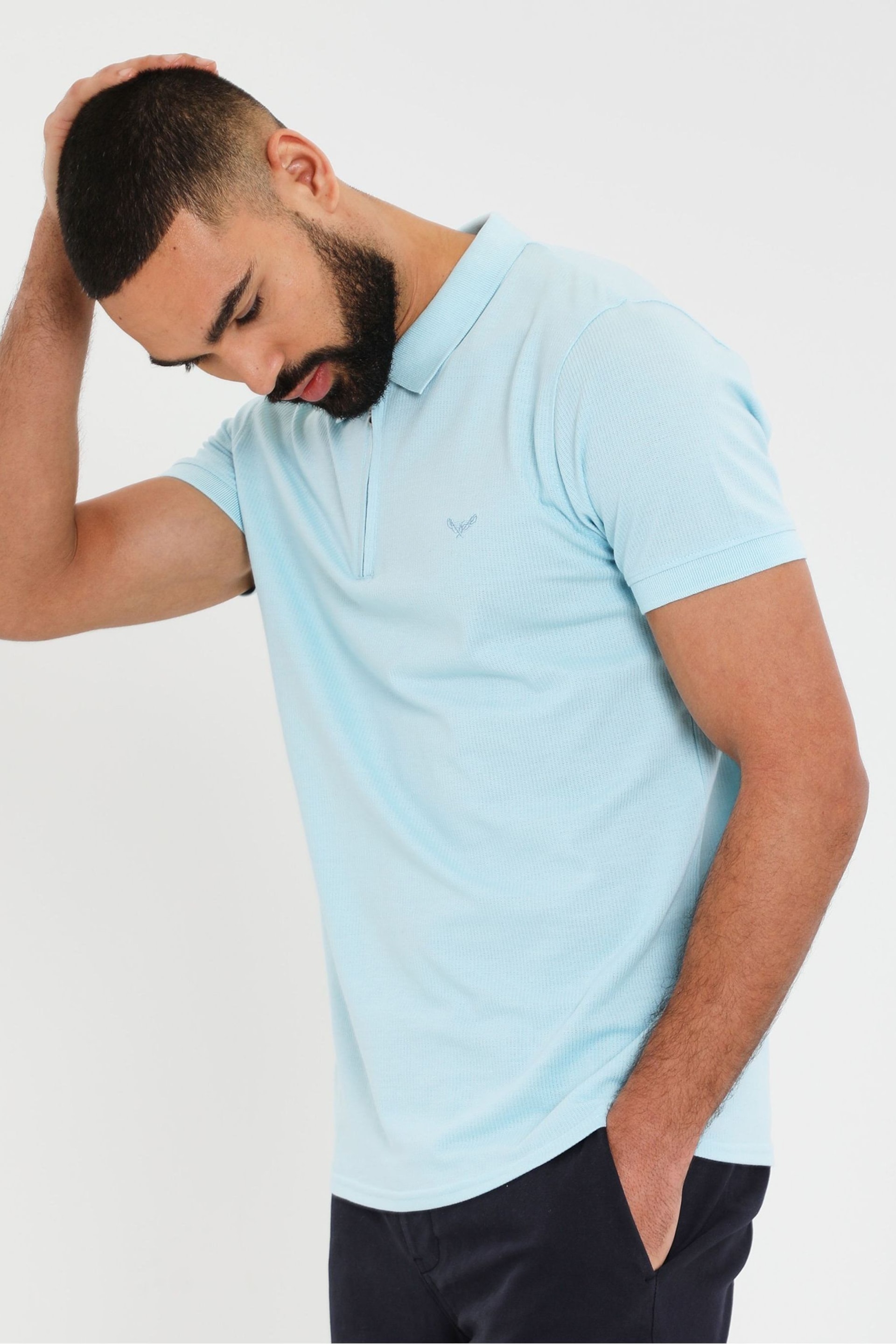 Threadbare Blue Waffle Knit Zip Collar Polo Shirt - Image 4 of 4