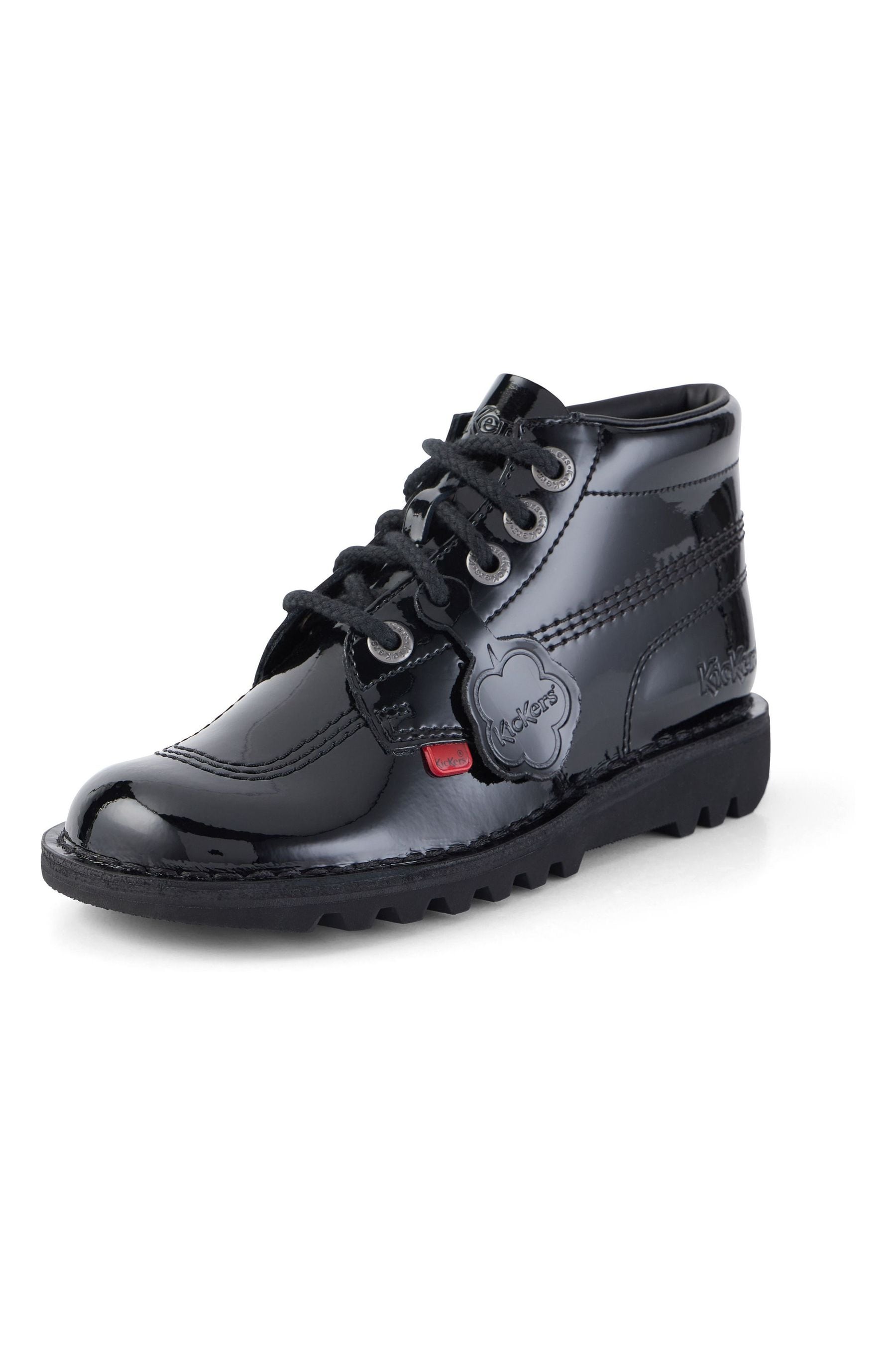 Black patent kicker boots top