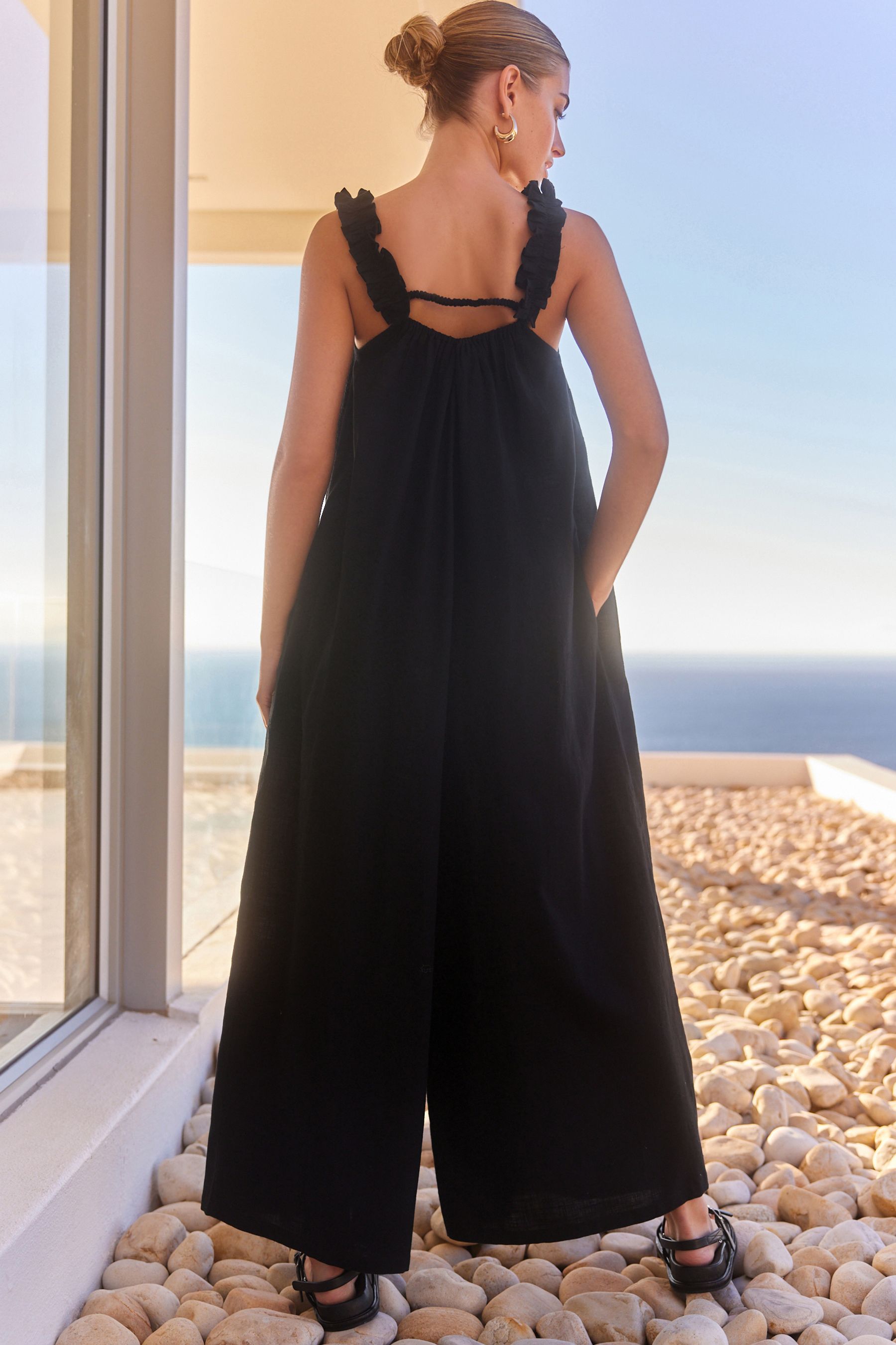 Buy Black Ruffle Strap Wide Leg 100 Cotton Jumpsuit from the Next UK online shop