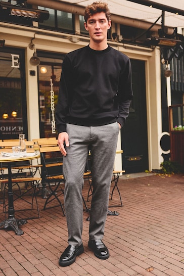 Grey Textured Slim Brushed Belted Chinos Trousers