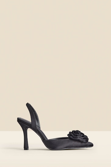 Sosandar Black Satin Corsage Detail Flared Heel Slingback Court Shoes