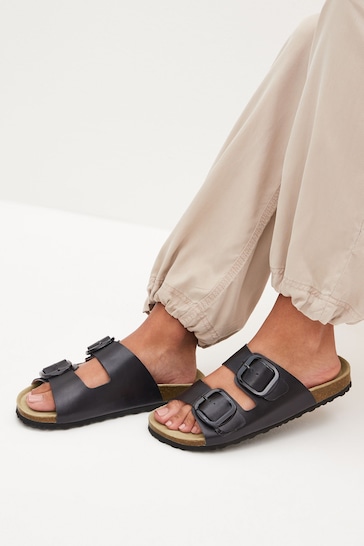 Black Flood Forever Comfort® Leather Double Strap Footbed Sandals