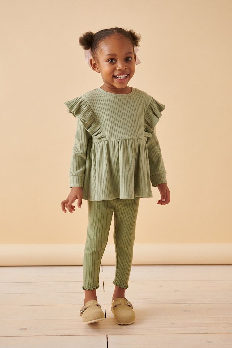 Green Brushed Ribbed Long Sleeve T-Shirt and Leggings Set (3mths-7yrs) - Image 2 of 7