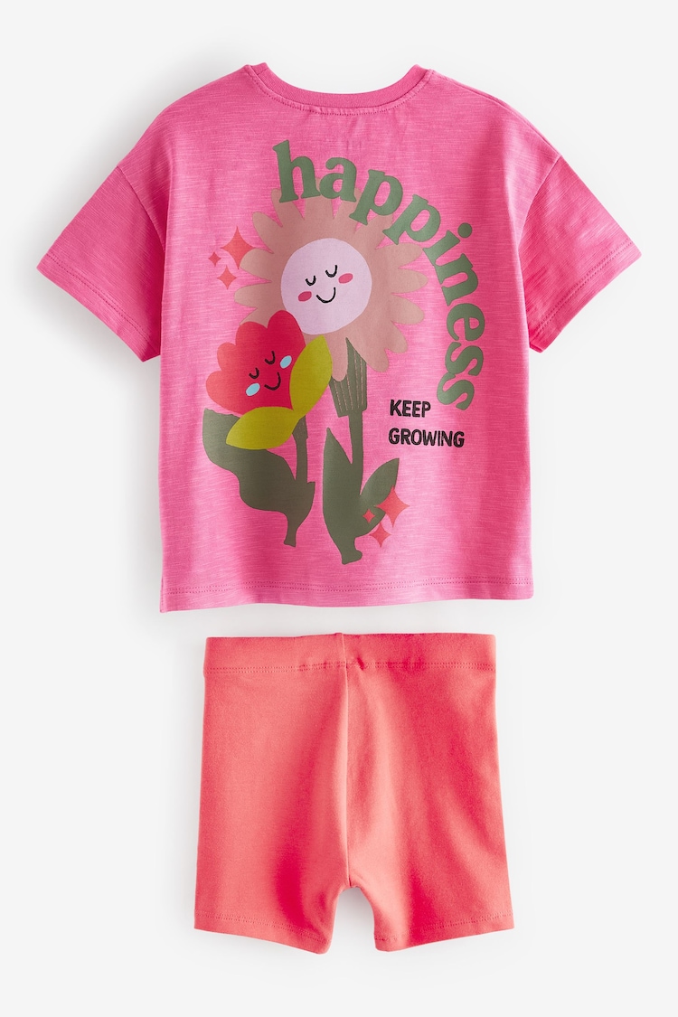 Bright Pink Flower 100% Cotton Short Sleeve Top and Cycle Shorts Set (3mths-7yrs) - Image 2 of 6