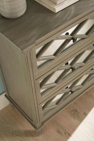 Pacific Dove Grey Mirrored Pine Wood Three Drawers Wide Chest