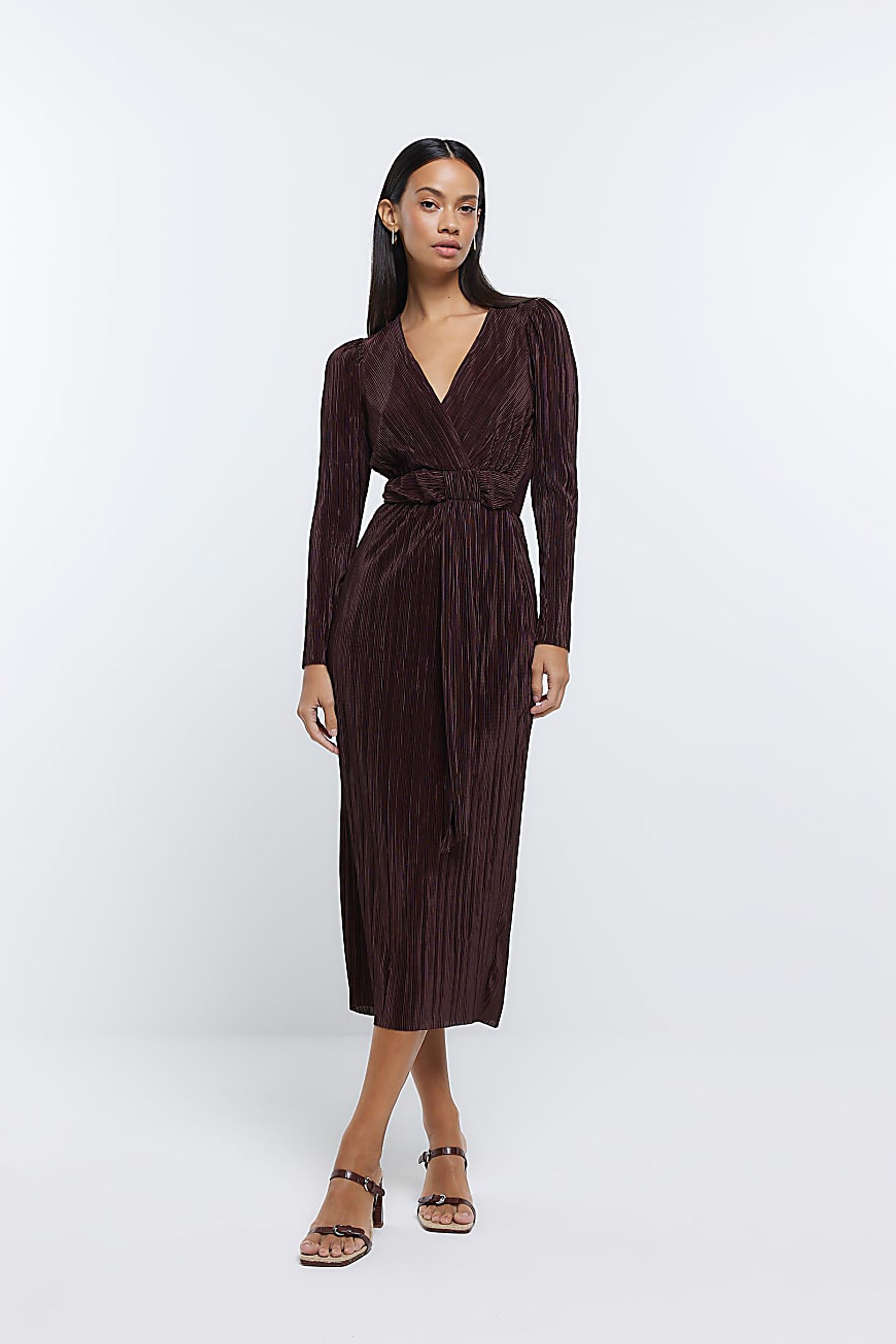 Buy River Island Plisse Wrap Midi Brown Dress from Next Luxembourg