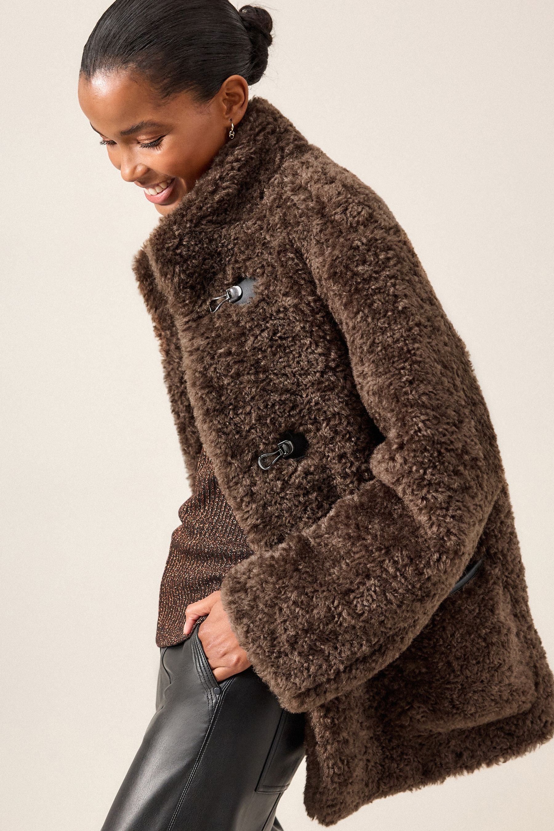 Buy Chocolate Brown Teddy Borg Duffle Jacket from Next Luxembourg