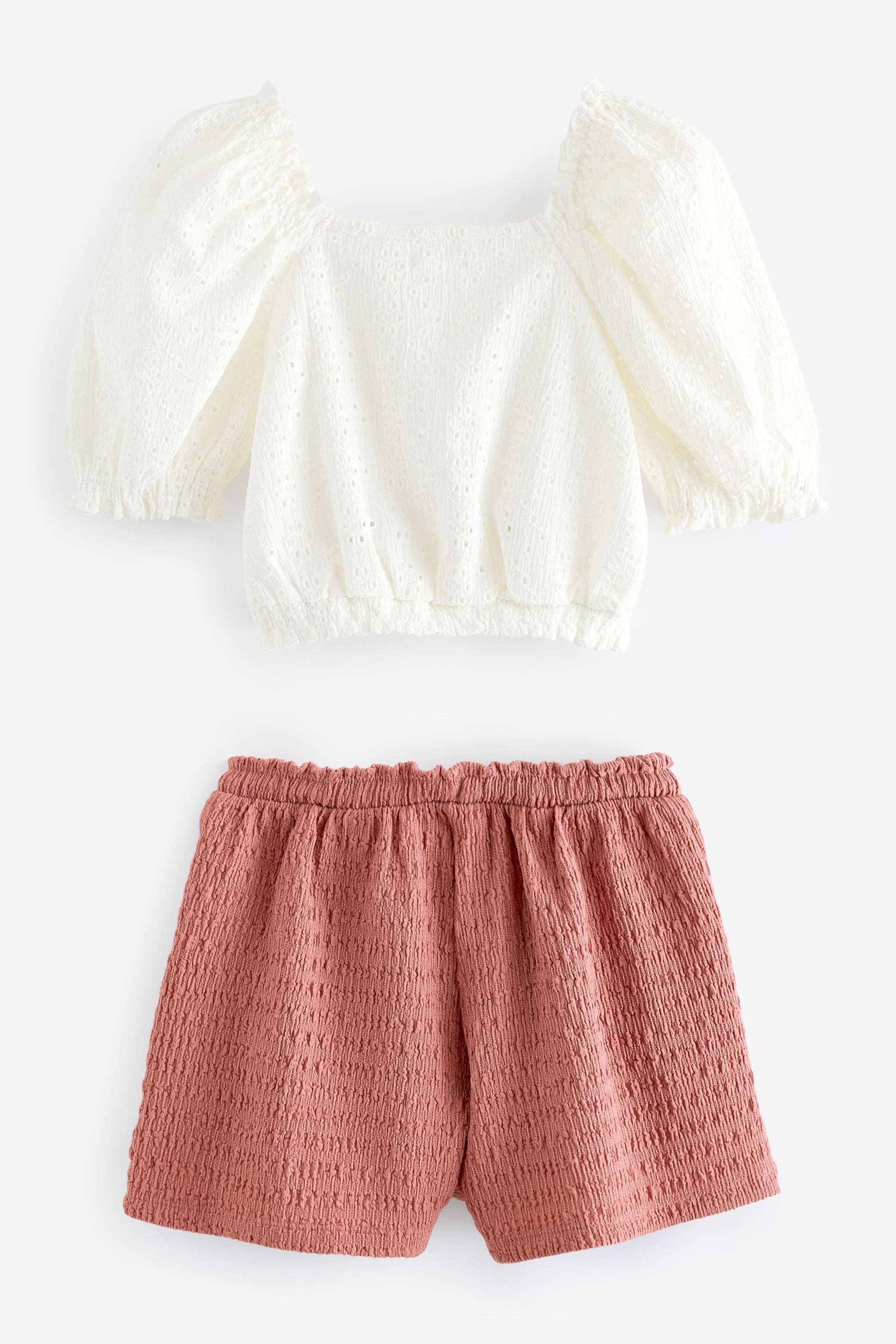 Ecru/Pink Broderie Top and Textured Shorts Set (3-16yrs) - Image 5 of 6
