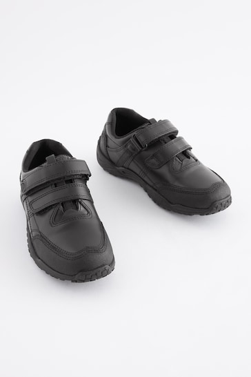 Black Narrow Fit (E) School Leather Double Strap Shoes