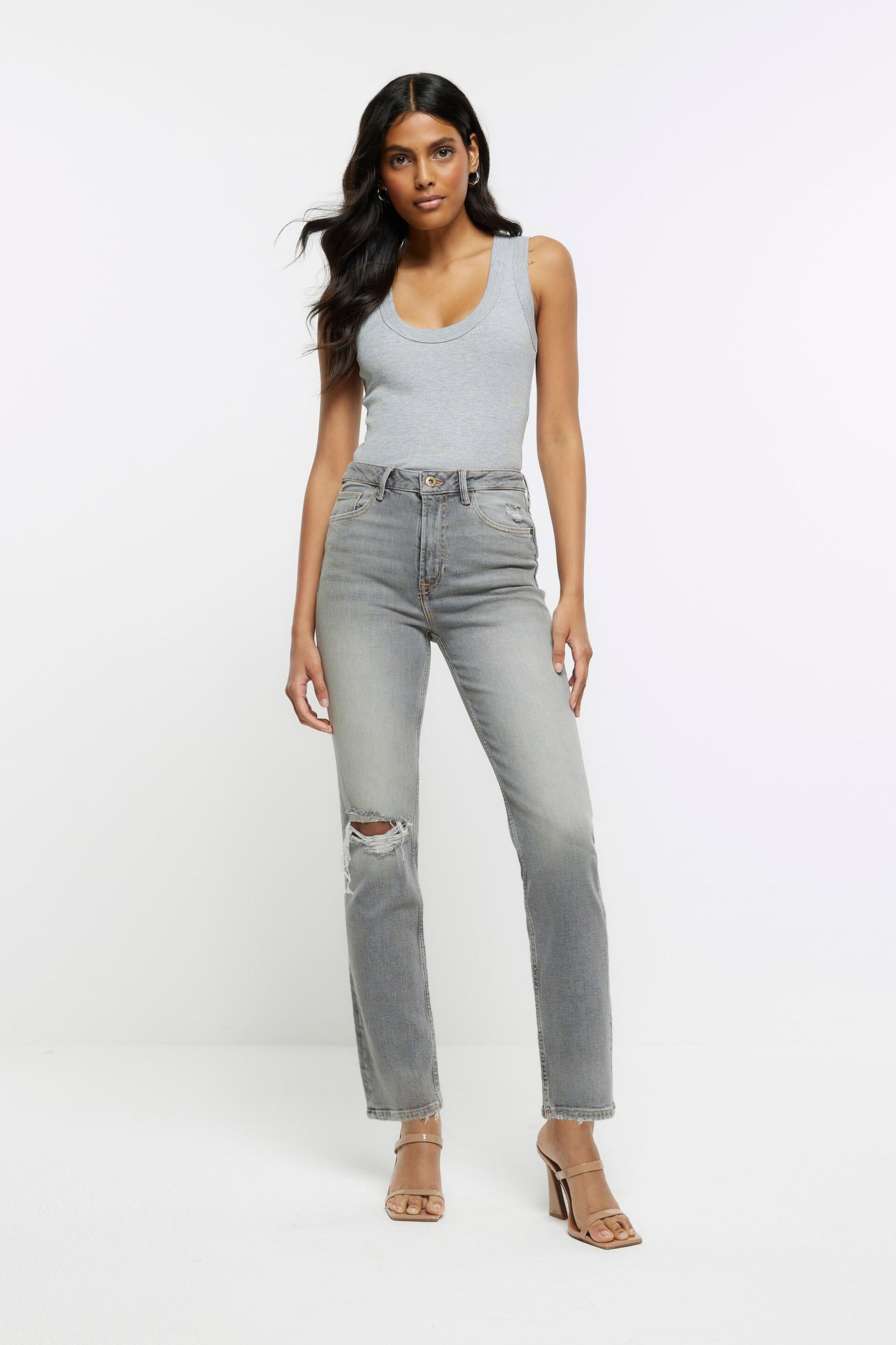 River Island Grey High Rise Slim Straight Non - Strtech Ripped Jeans - Image 1 of 5