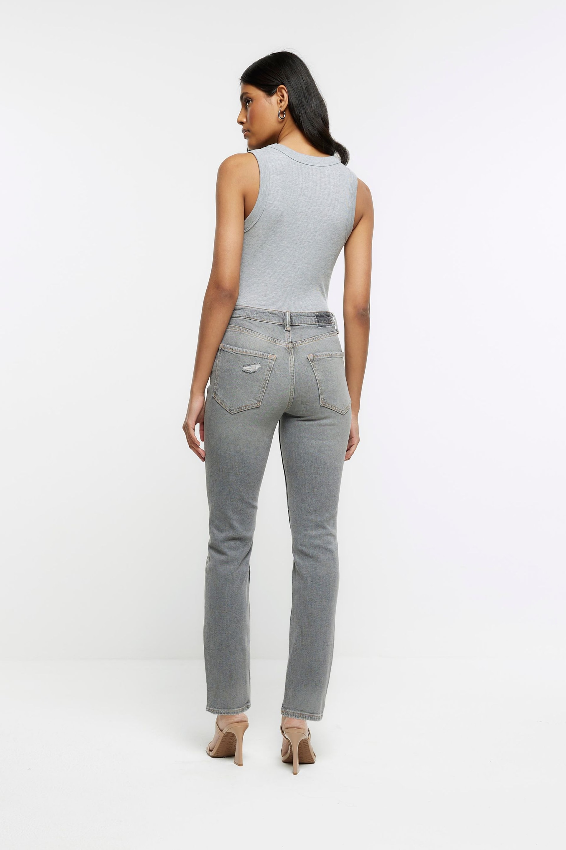 River Island Grey High Rise Slim Straight Non - Strtech Ripped Jeans - Image 2 of 5