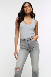 River Island Grey High Rise Slim Straight Non - Strtech Ripped Jeans - Image 3 of 5