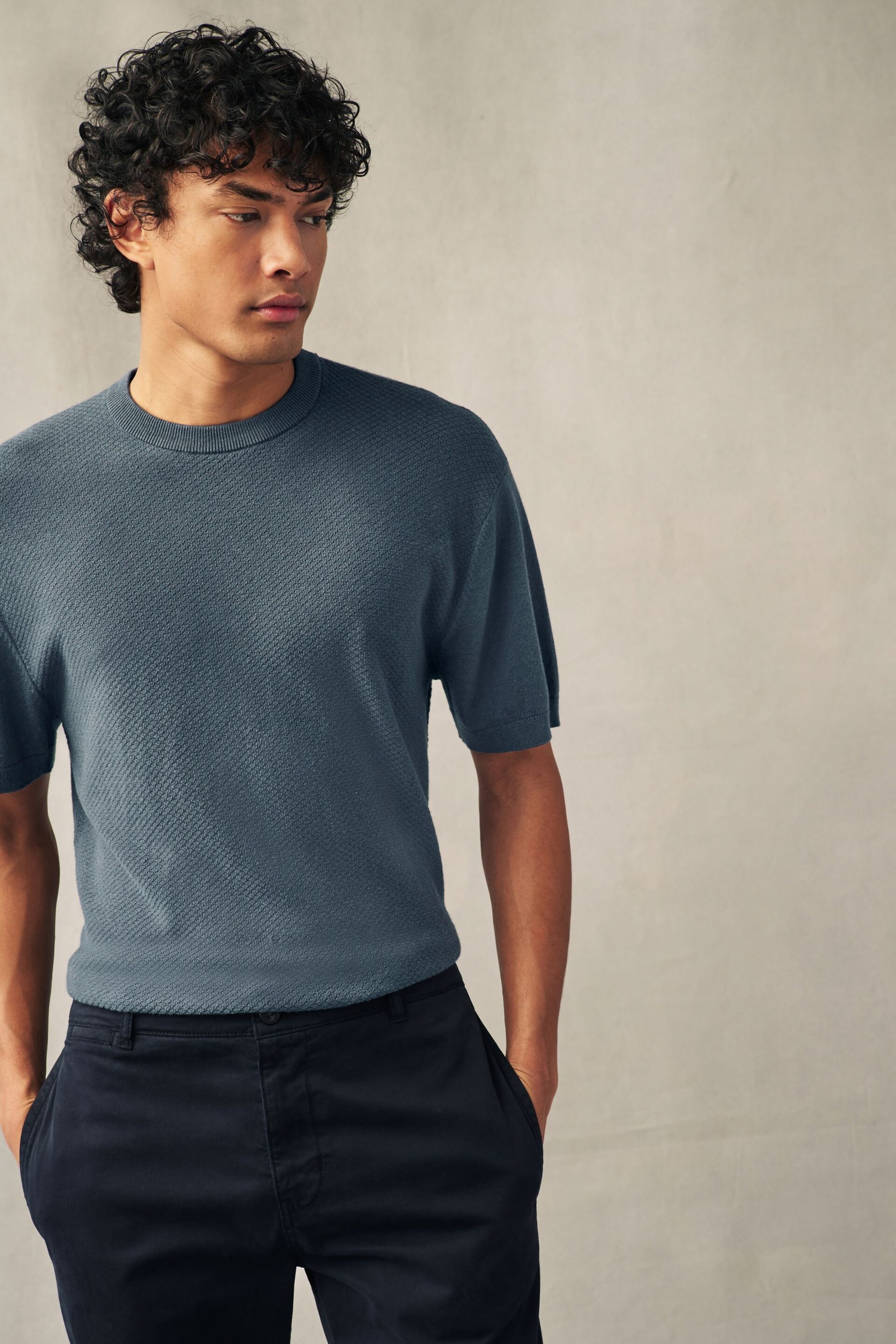 Slate Grey Knitted Textured Regular Fit T-Shirt - Image 1 of 7
