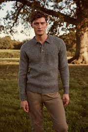 Grey Relaxed Fisherman Rib Knitted Polo Shirt - Image 1 of 7