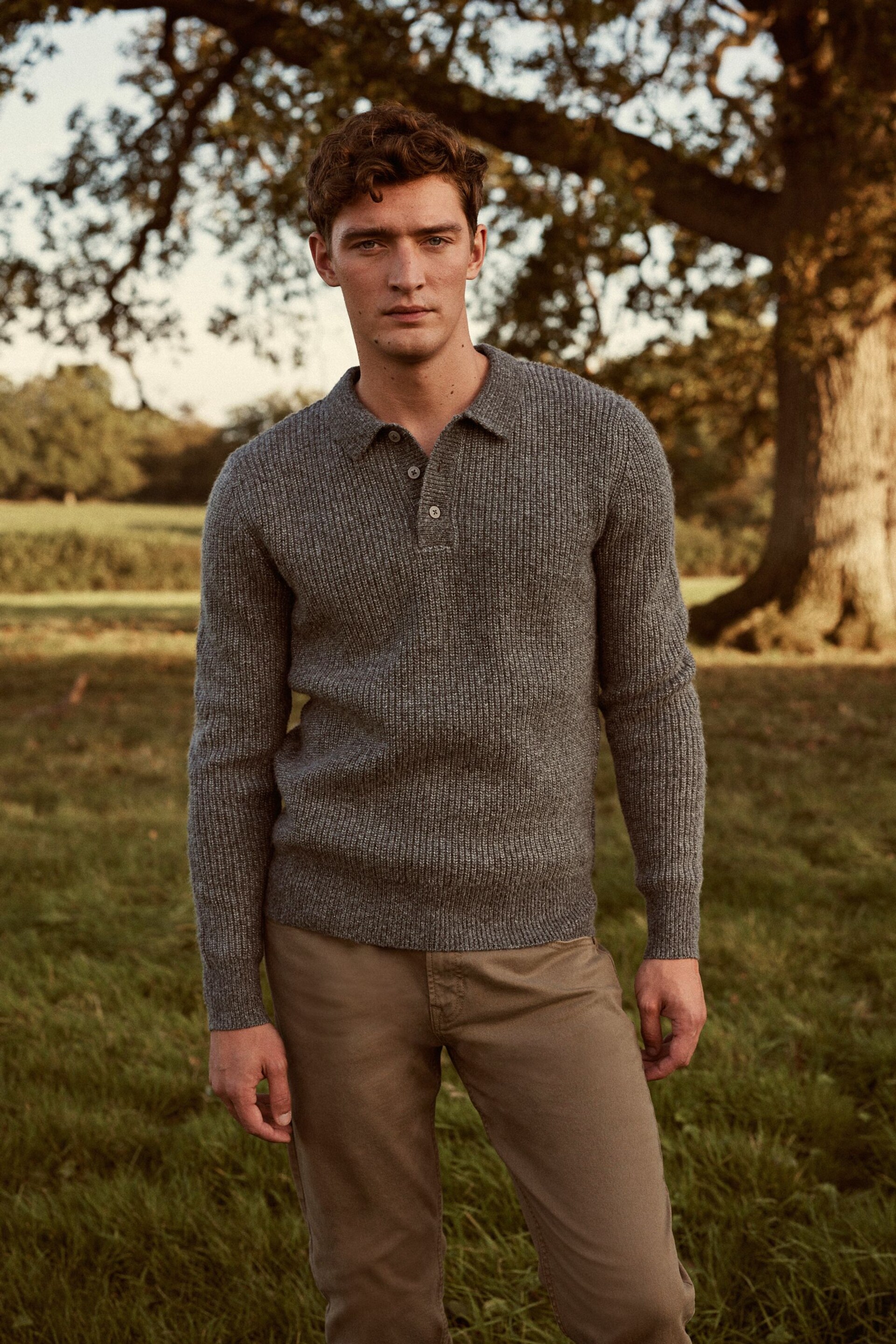 Grey Relaxed Fisherman Rib Knitted Polo Shirt - Image 1 of 7