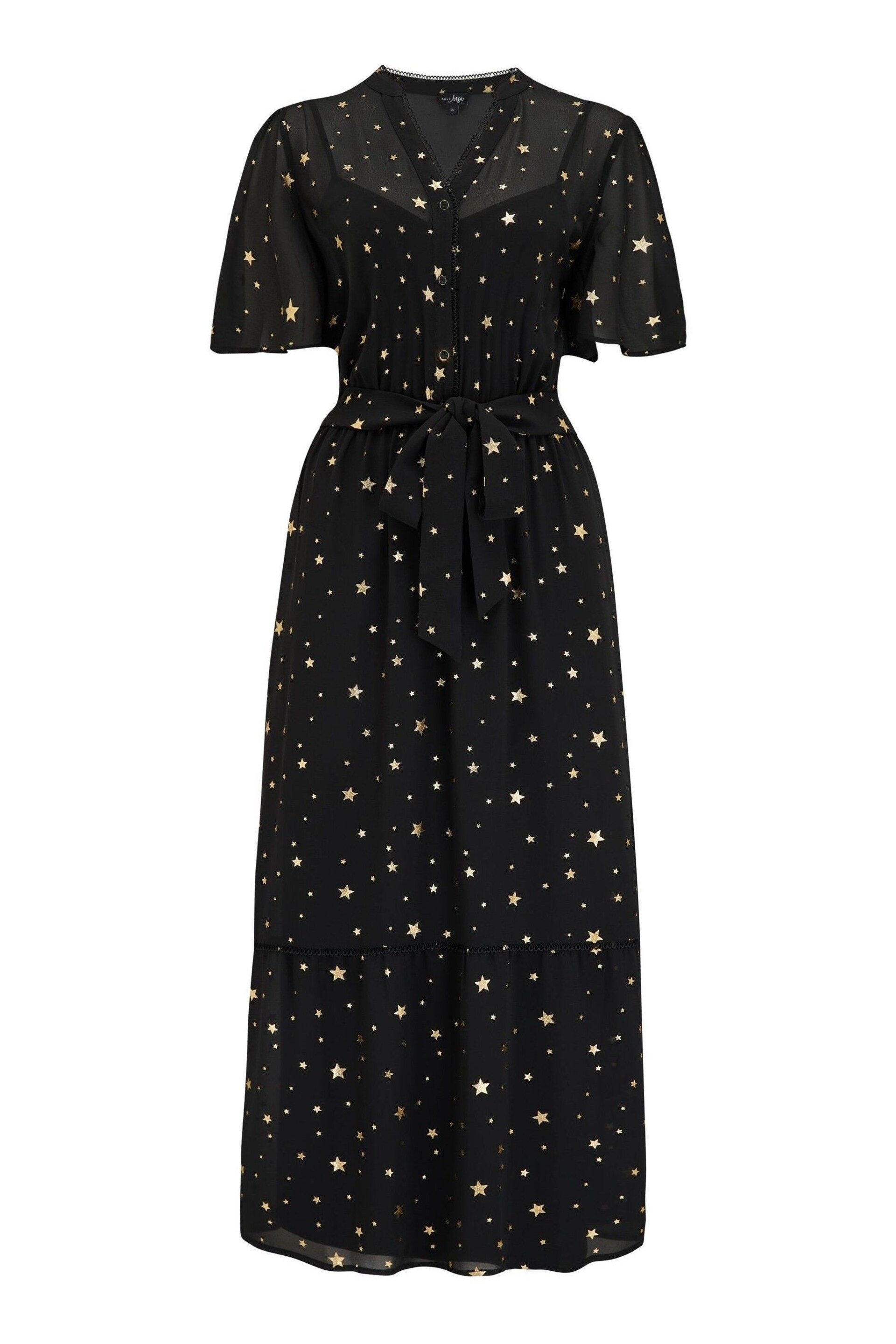 Pour Moi Black Florence Chiffon Angel Sleeve Tiered Star Midi Dress - Image 3 of 4