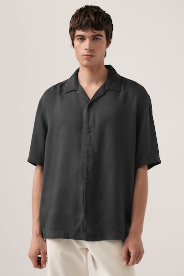 Charcoal Grey Tencel™ Lyocell Short Sleeve Shirt with Cuban Collar