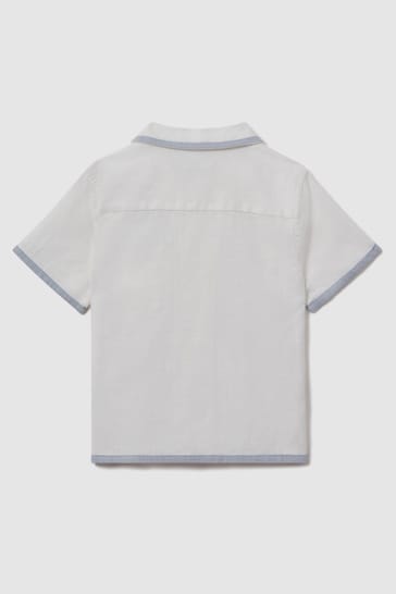 Reiss White/Soft Blue Vitan Linen Contrast Cuban Collar Shirt