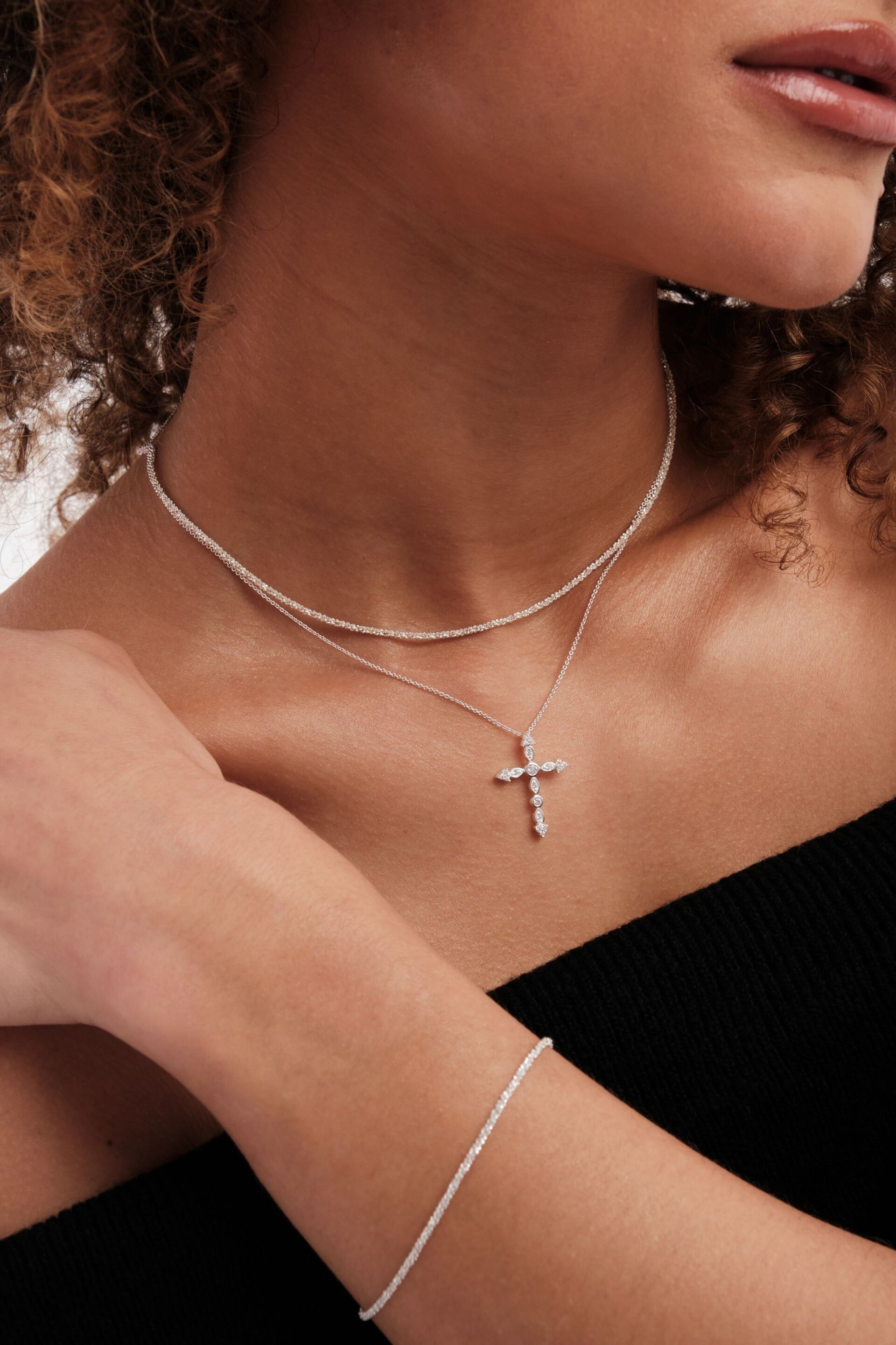 Simply Silver Silver Tone Cubic Zirconia Cross Pendant Necklace - Image 4 of 4