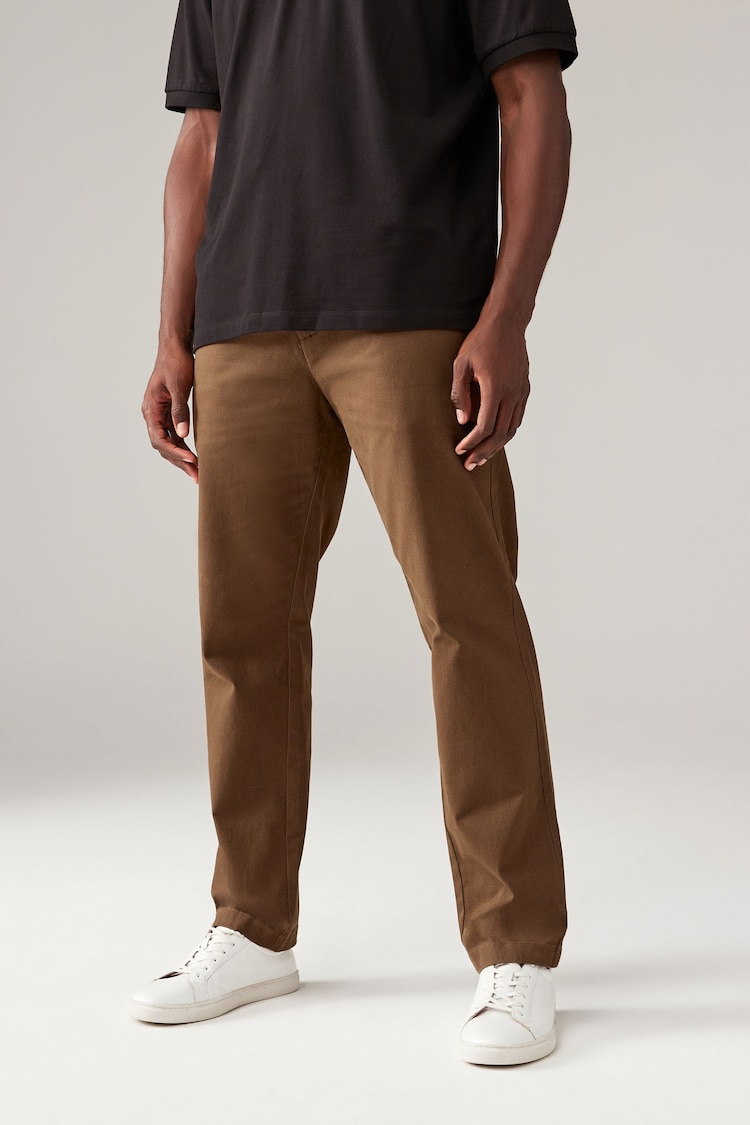 Tan Brown Straight Fit Stretch Printed Soft Touch Chino Trousers - Image 1 of 5