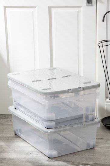 Wham Set of 3 Clear 32Ltr Plastic Storage Boxes With Wheels & Folding Lid