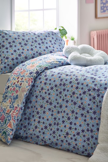 Blue 100% Cotton Floral Bunny Duvet Cover and Pillowcase Set