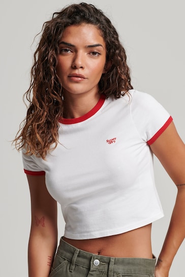 Superdry White Organic Cotton Ringer Crop T-shirt