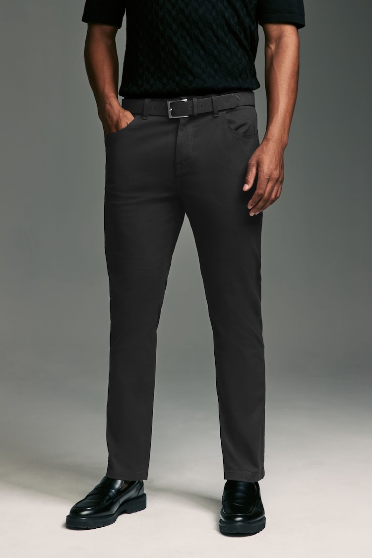 Black Slim Fit Smart Belted Printed Stretch Chinos - Image 1 of 10