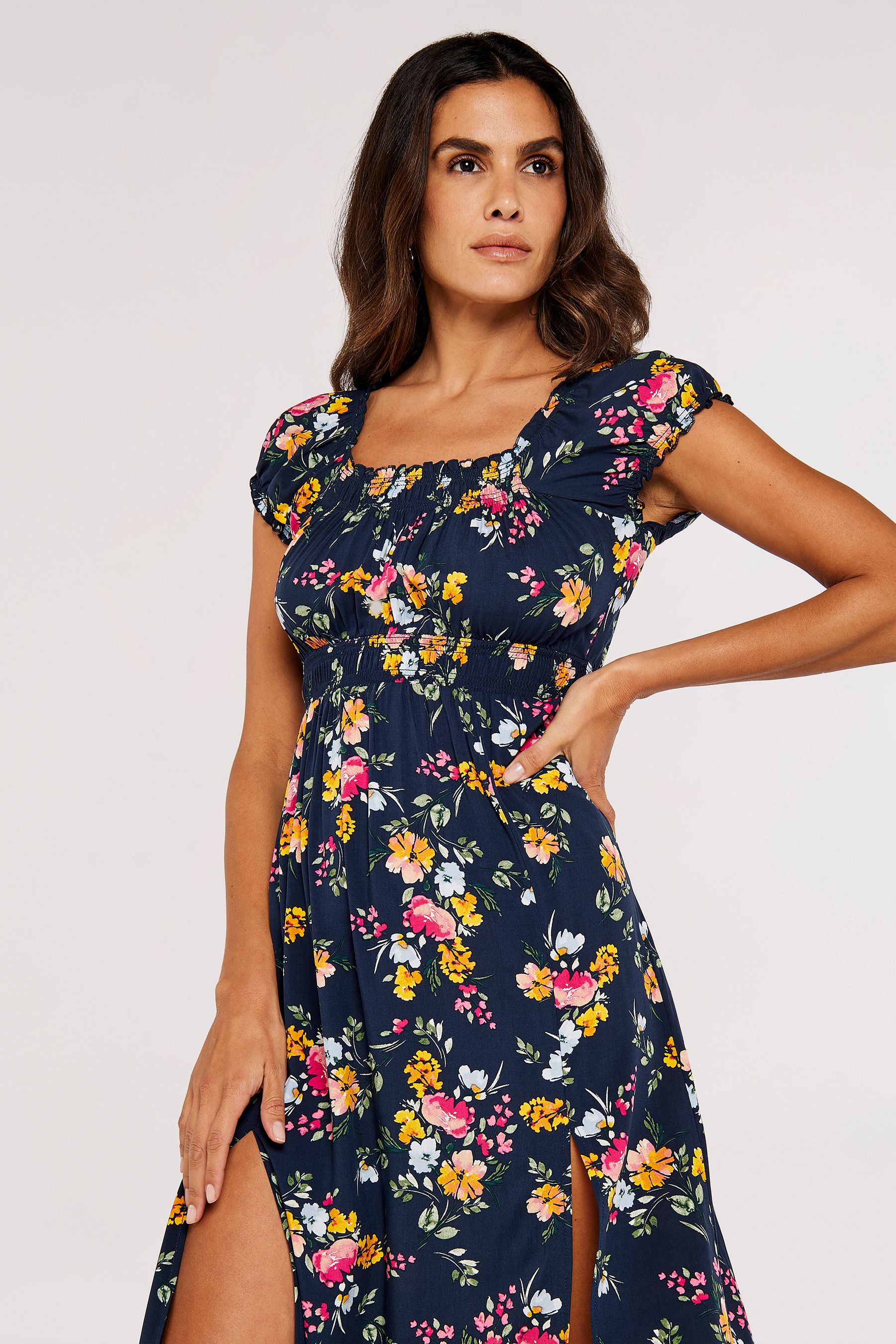Buy Apricot Navy Blue Multi Bright Floral Milkmaid Midi Dress from