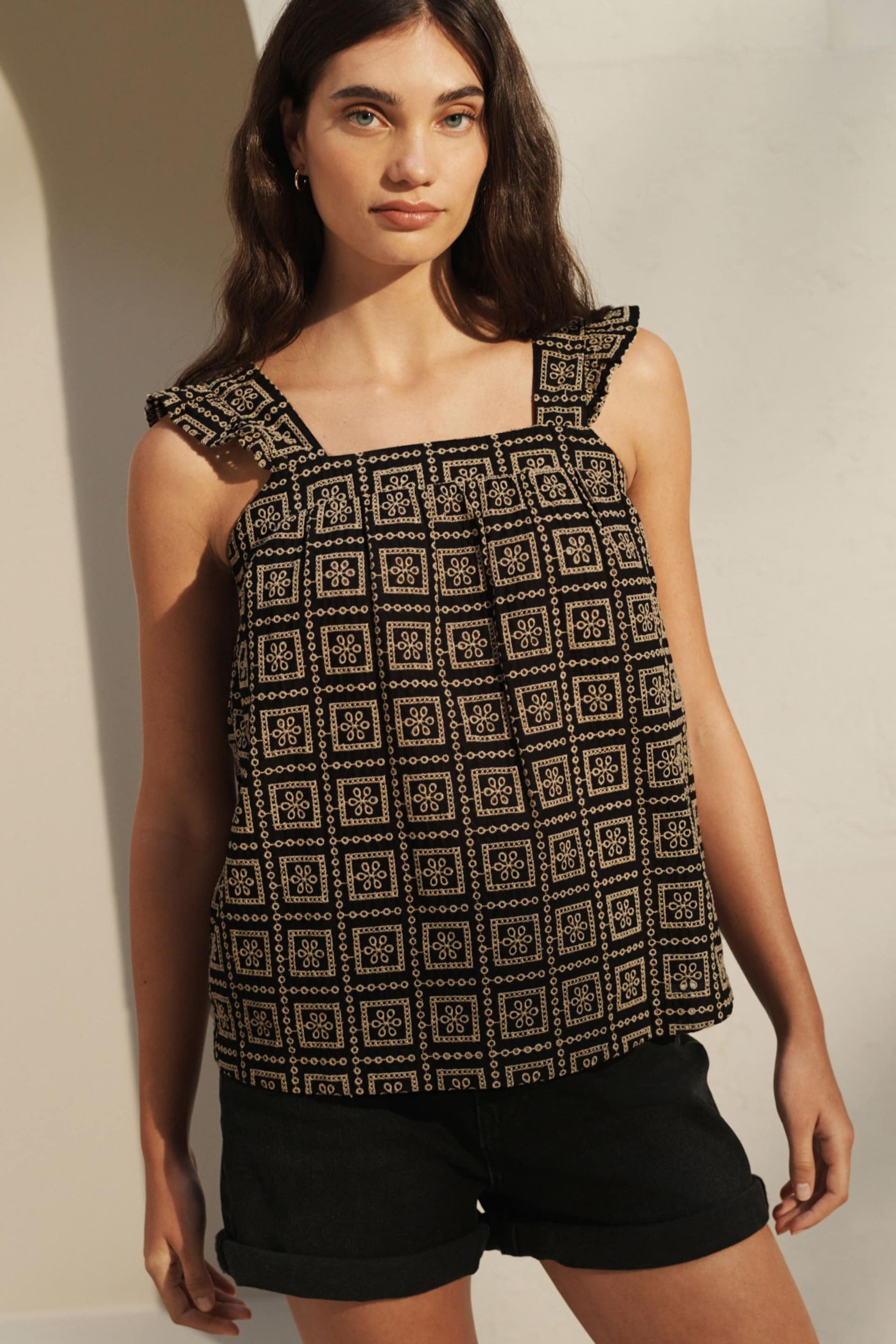 Black/Brown Broderie Frill Sleeve Embroidered Cami Top - Image 2 of 7