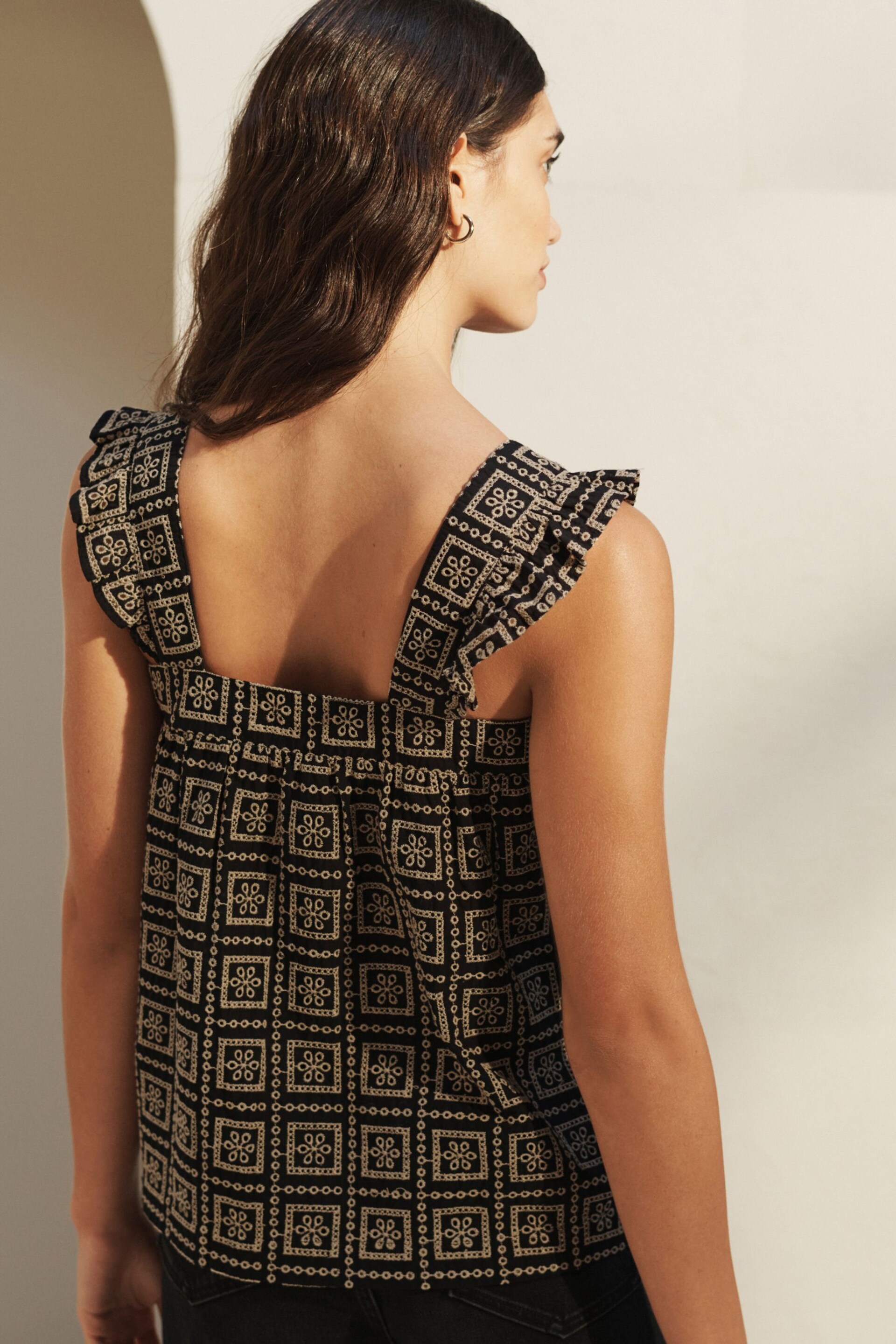 Black/Brown Broderie Frill Sleeve Embroidered Cami Top - Image 4 of 7