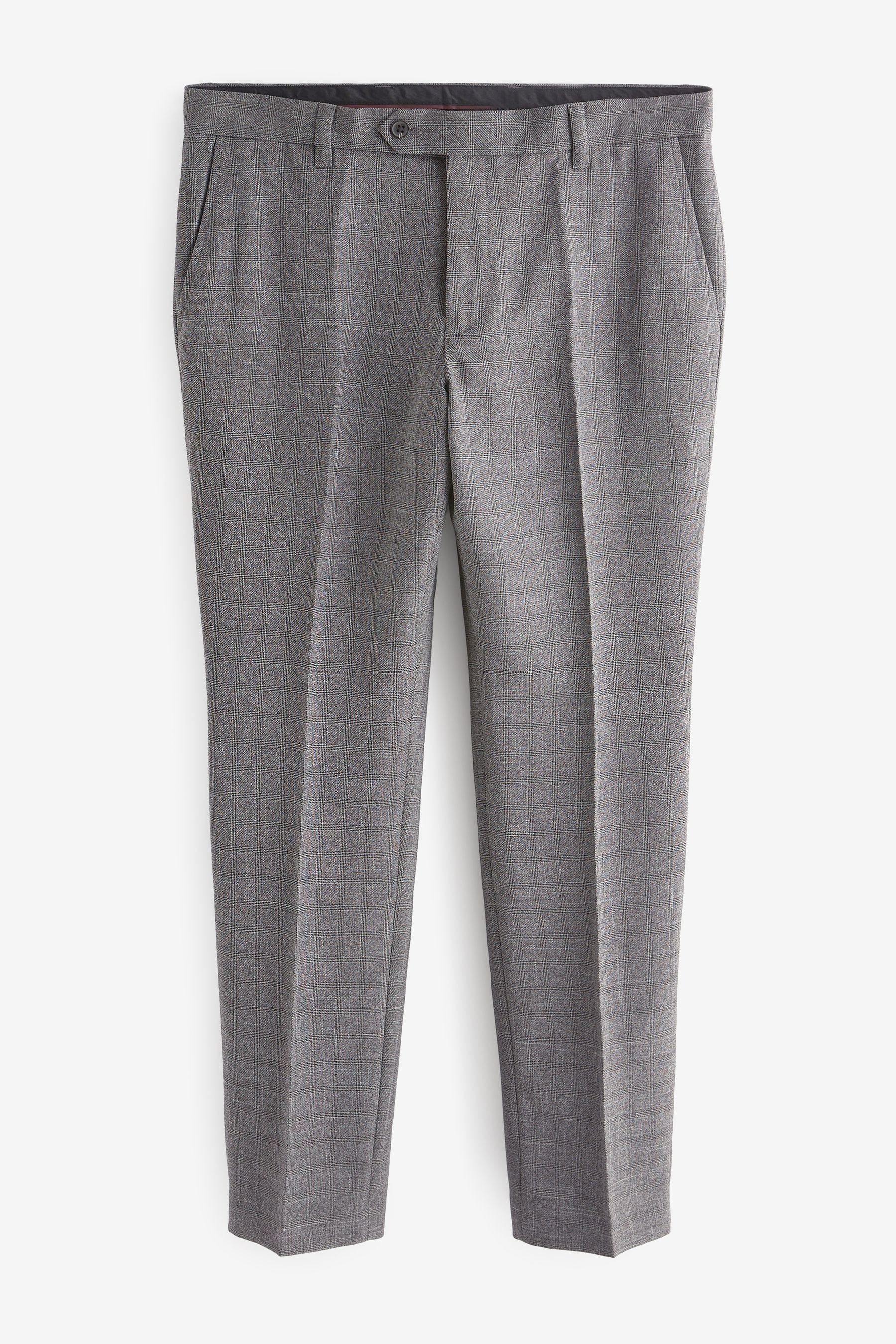 Grey Textured Slim Fit Check Smart Trousers
