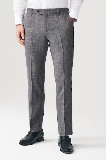 Grey Textured Slim Fit Check Smart Trousers