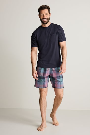 Navy Blue/Pink Check Lightweight Short Pyjamas Set