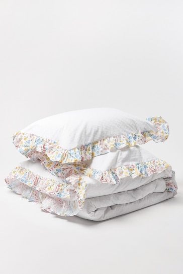 Oliver Bonas White Floral Print Ruffle White King Bed Linen