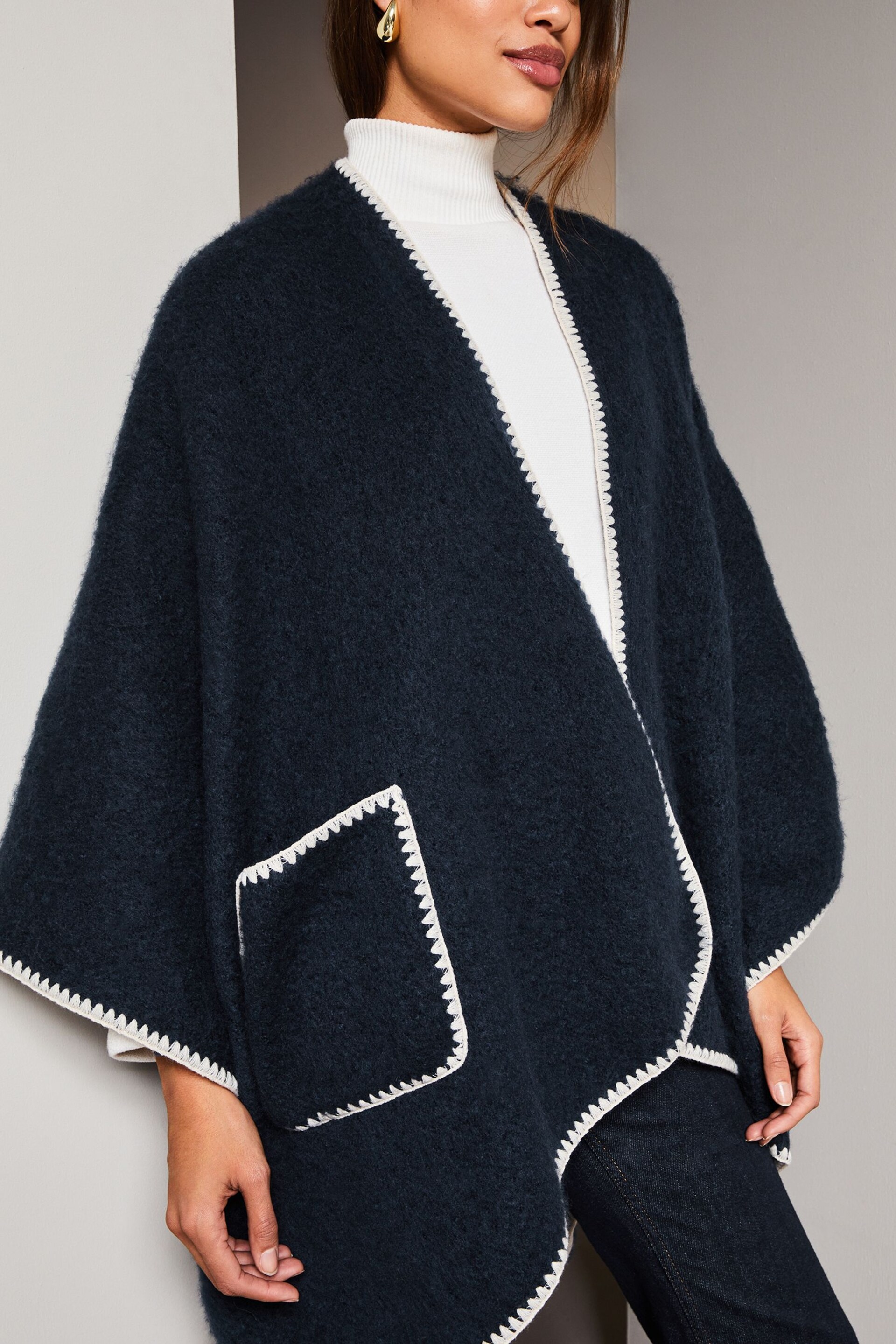 Lipsy Navy Blue Soft Cosy Patch Pocket Tipped Whipstitch Cape - Image 4 of 4
