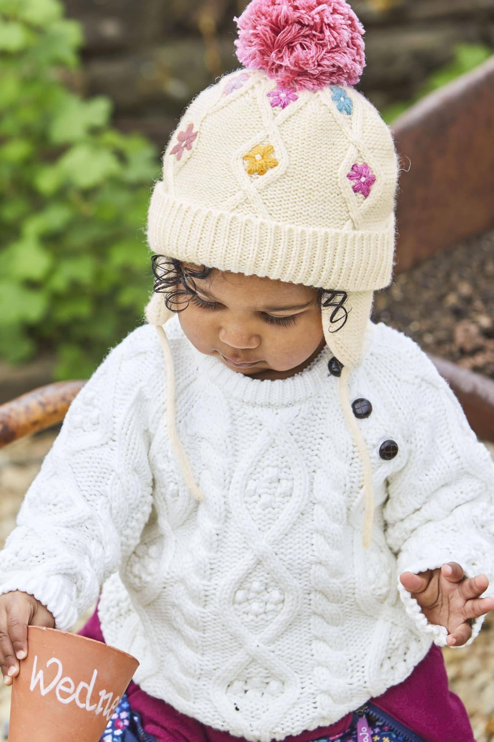 JoJo Maman Bébé Cream Floral Embroidered Cable Hat - Image 3 of 4