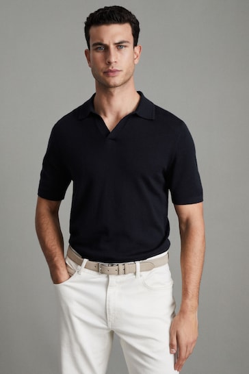 Reiss Navy Duchie Merino Wool Open Collar Polo Shirt