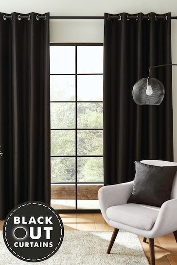 Catherine Lansfield Black Faux Silk Blackout Eyelet Curtains