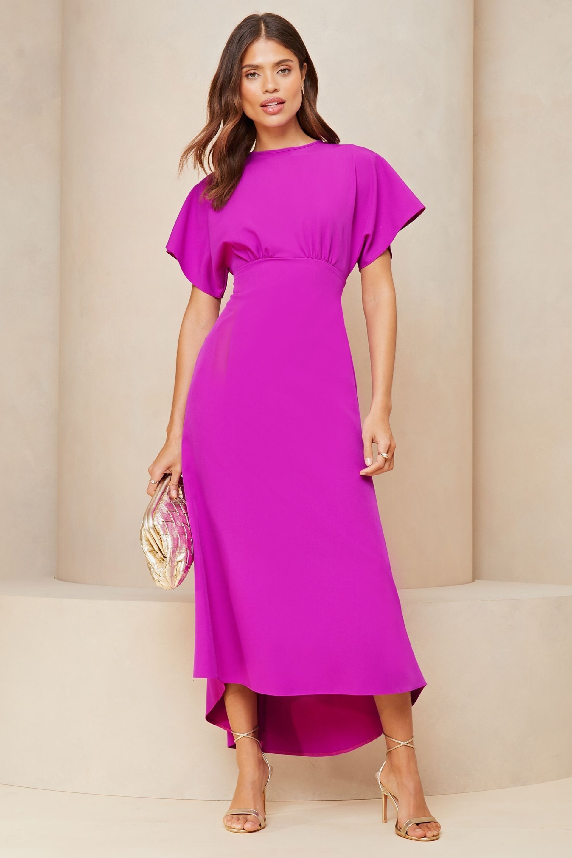 Lipsy Pink Petite Flutter Sleeve Underbust Midi Dress - Image 1 of 4