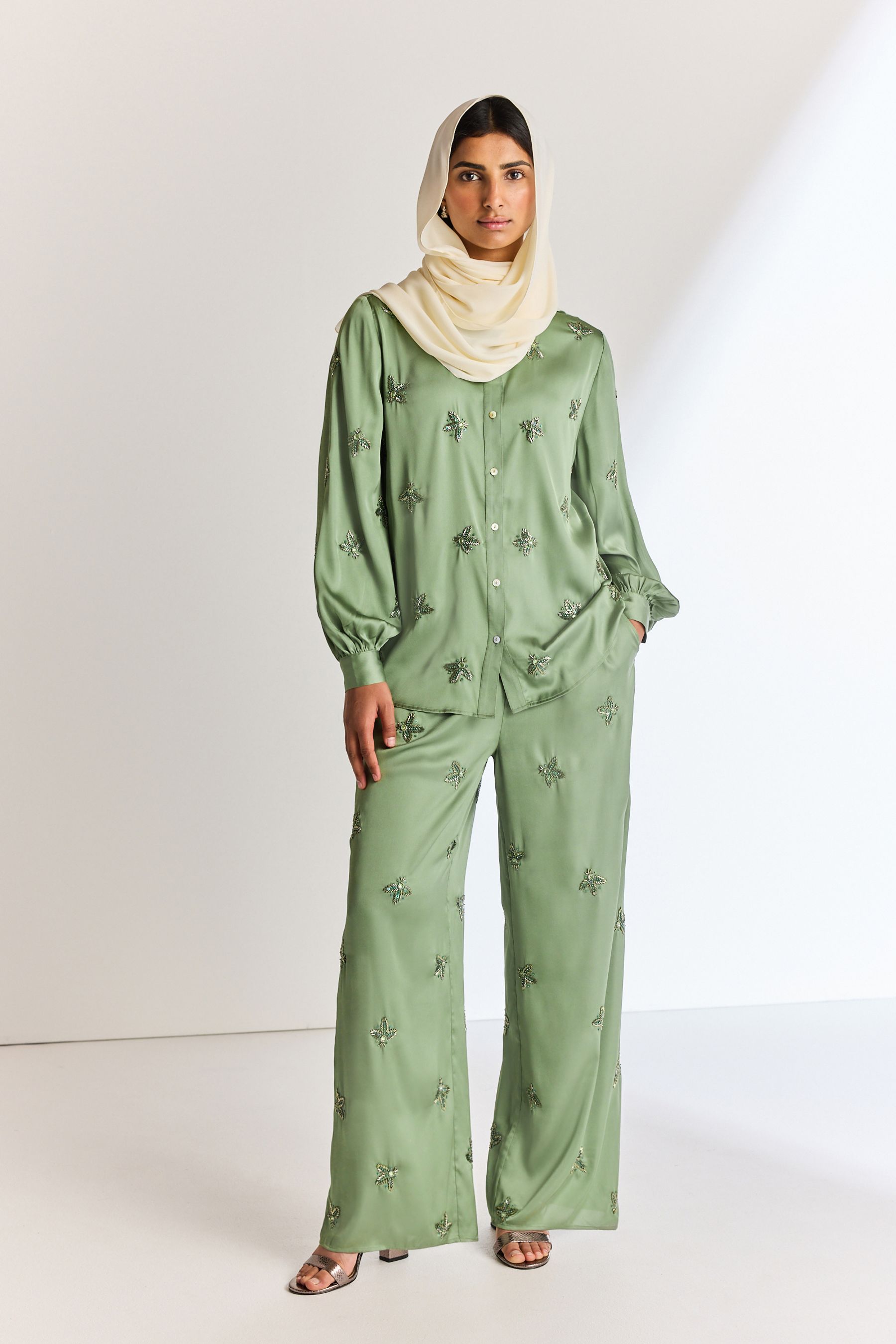 Buy Green Embellished Wide Leg Occasion Trousers from Next Luxembourg