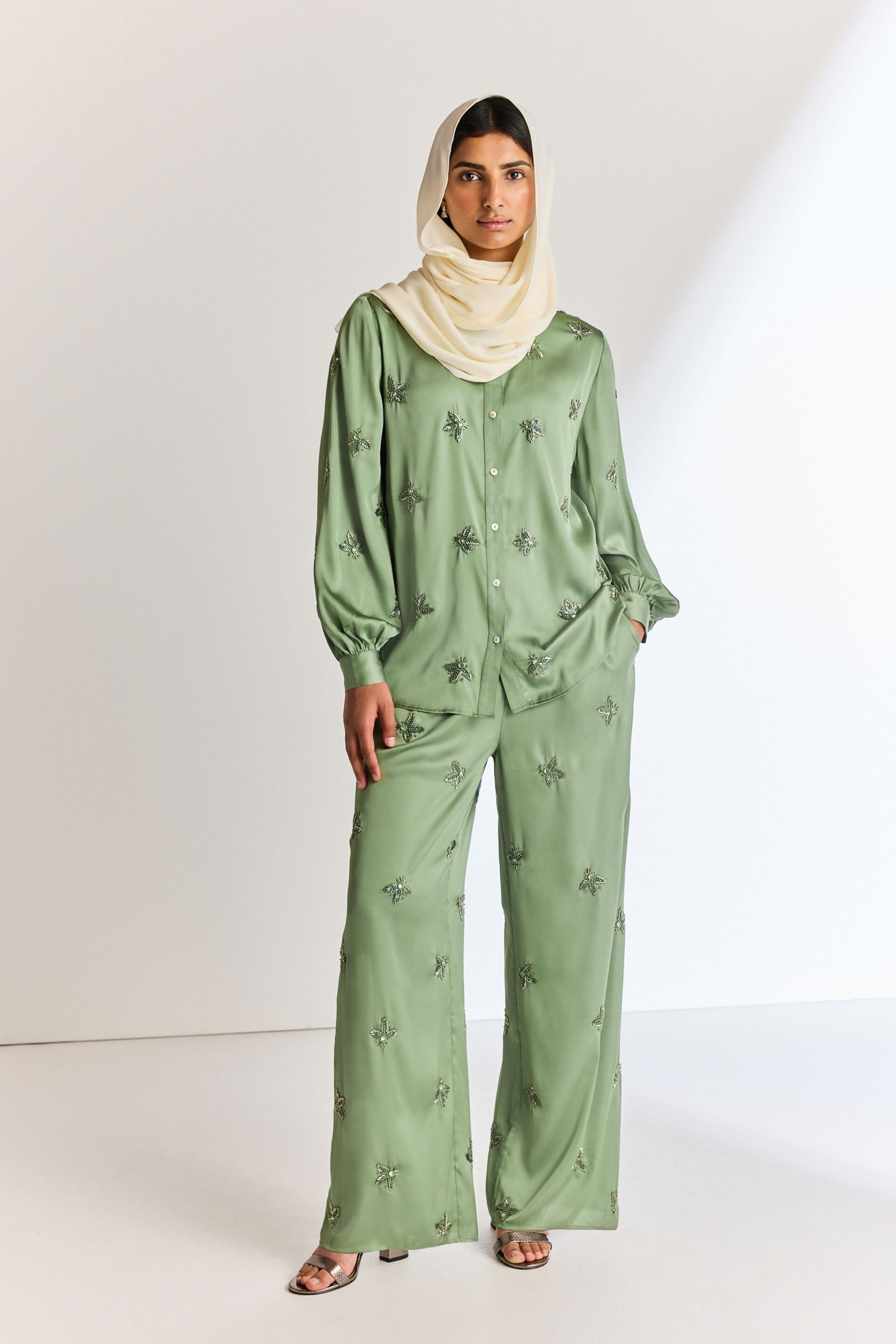 Green Embellished Wide Leg Occasion Trousers - Image 1 of 7