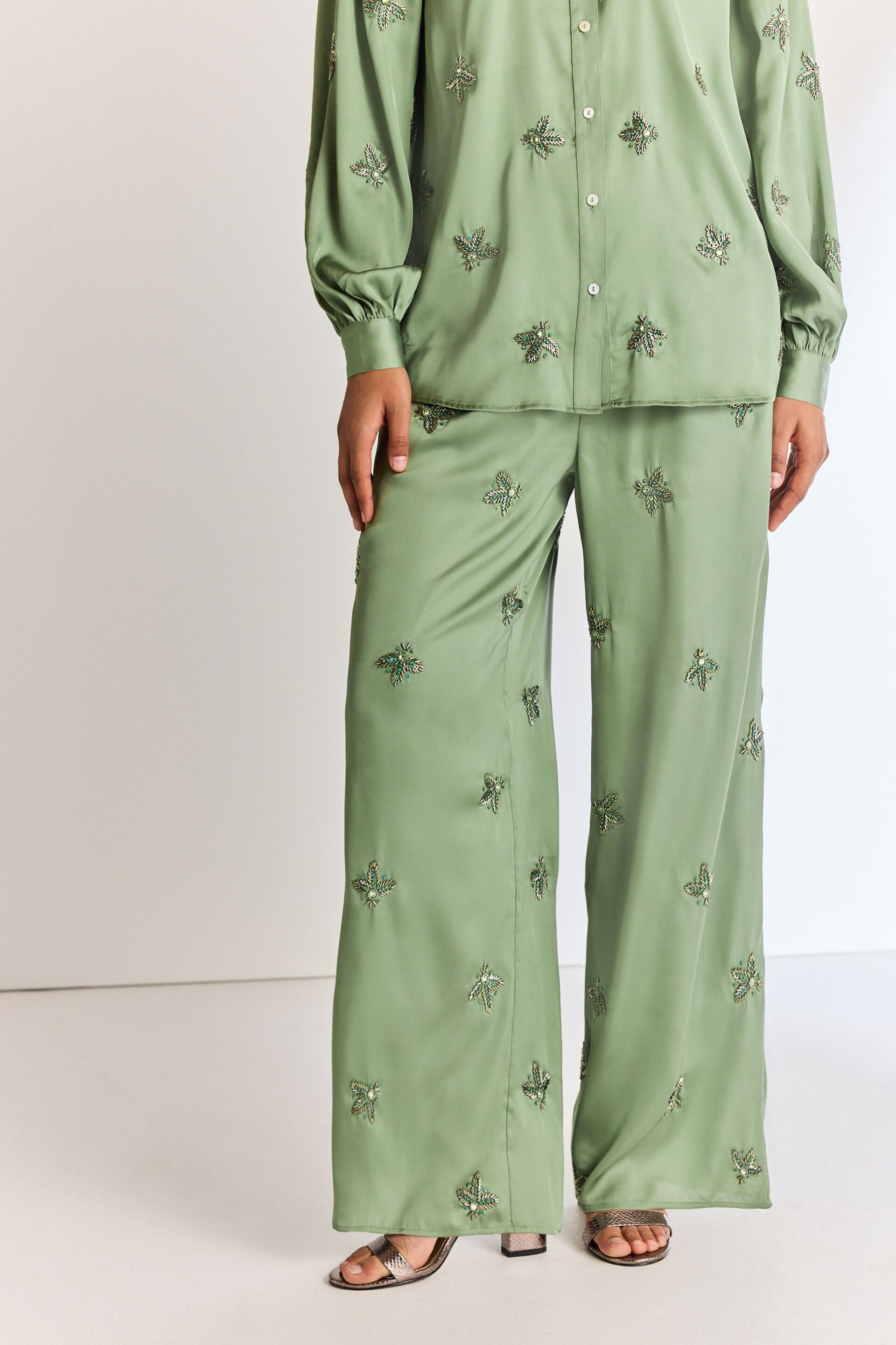 Green Embellished Wide Leg Occasion Trousers - Image 2 of 7