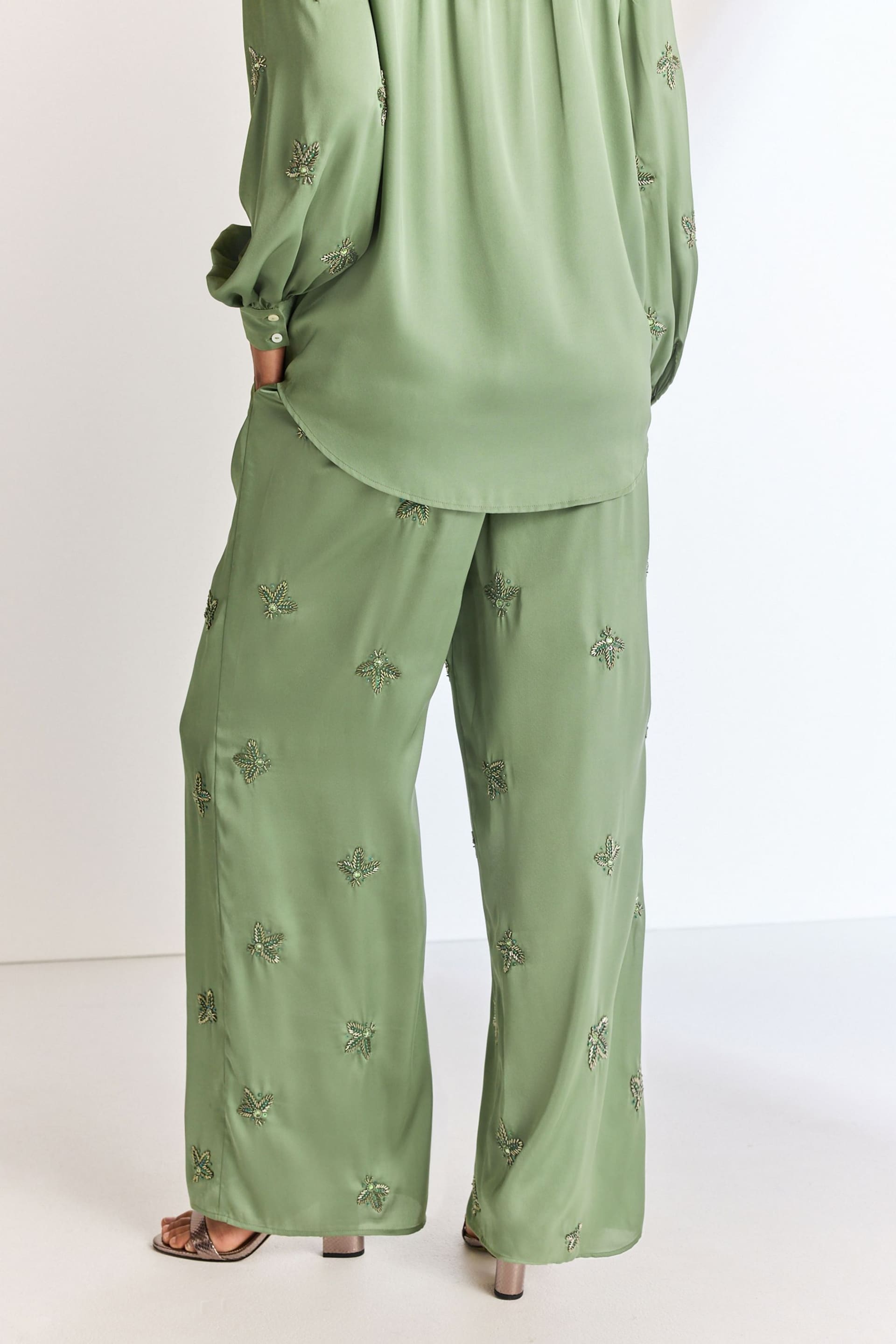 Green Embellished Wide Leg Occasion Trousers - Image 3 of 7