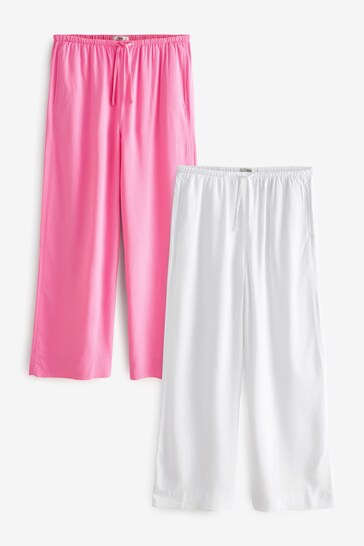 Pink/White Tie Waist Wide Leg Trousers 2 Pack With Linen