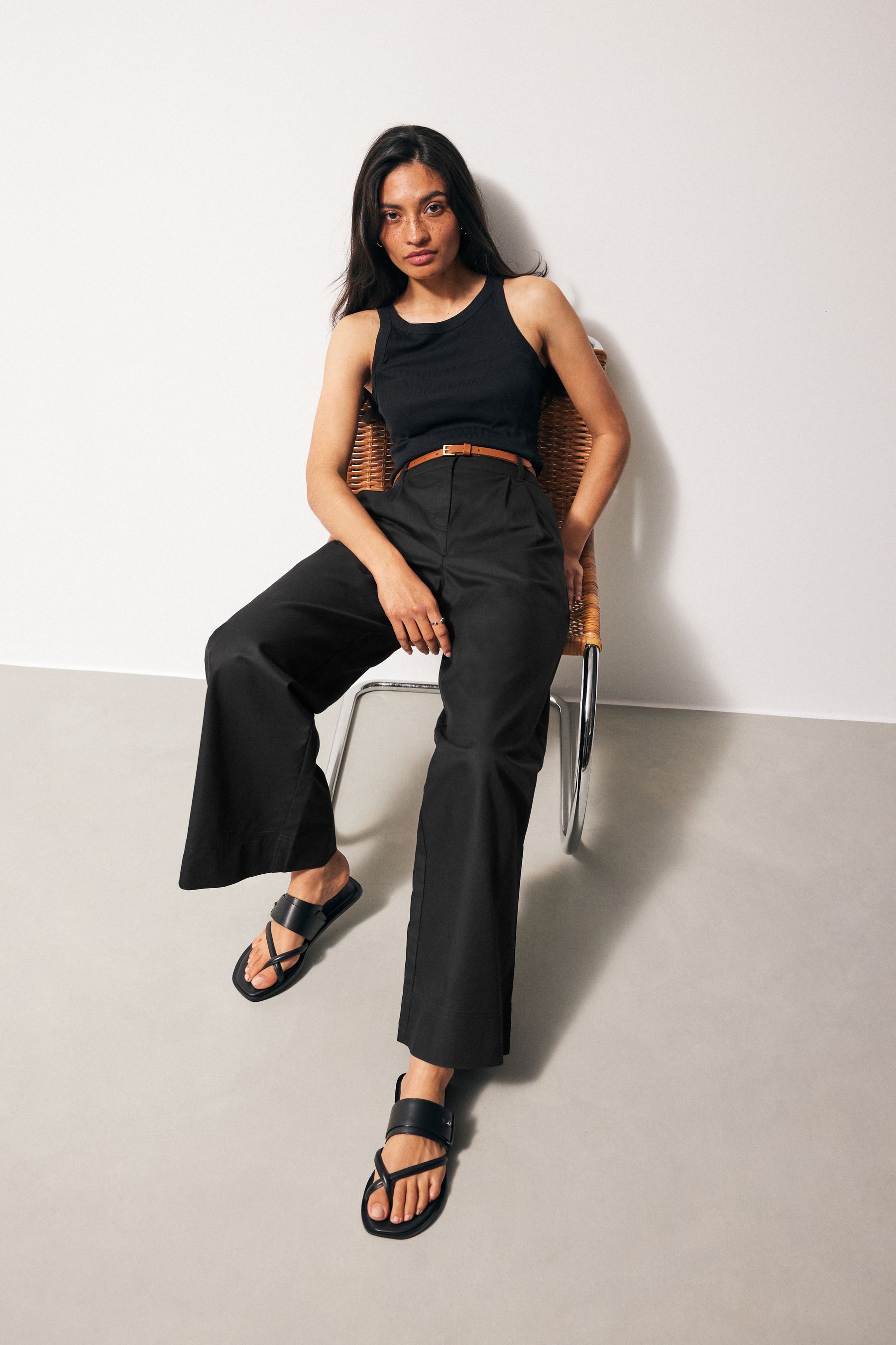 NEXT Black Cotton Mix Smart Wide Leg Trousers 12long Womens